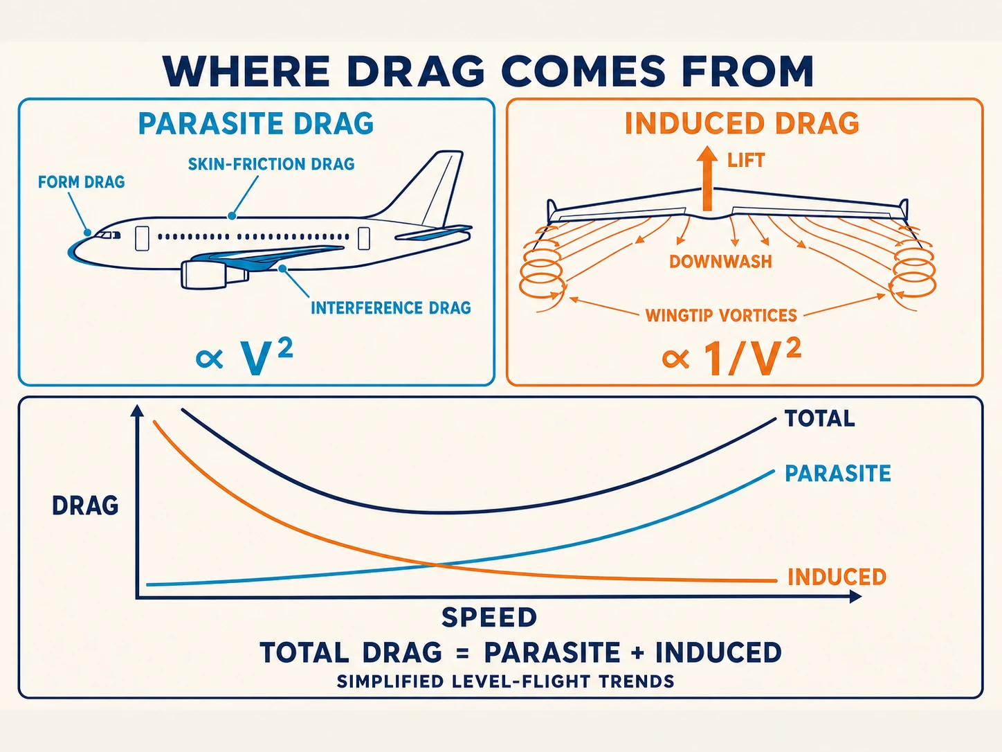 Parasite, induced, and total drag with their airspeed trends
